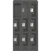 Clean Line Lockers, 3 -tier, Bank of 3, 36" x 18" x 82", Steel, Charcoal, Rivet (Assembled), Perforated Dufferin Supply