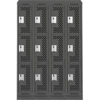 Clean Line Lockers, 3 -tier, Bank of 4, 48" x 18" x 82", Steel, Charcoal, Rivet (Assembled), Perforated Dufferin Supply