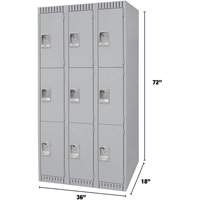 Lockers, 3 -tier, Bank of 3, 36" x 18" x 72", Steel, Grey, Knocked Down Dufferin Supply