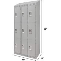 Lockers, 3 -tier, Bank of 3, 36" x 18" x 82", Steel, Grey, Knocked Down Dufferin Supply