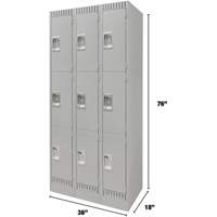 Lockers, 3 -tier, Bank of 3, 36" x 18" x 76", Steel, Grey, Knocked Down Dufferin Supply