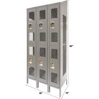 Vented Lockers, 2 -tier, Bank of 3, 36 x 18" x 88", Steel, Grey, Knocked Down, Perforated Dufferin Supply