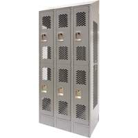 Vented Lockers, 2 -tier, Bank of 3, 36 x 18" x 88", Steel, Grey, Knocked Down, Perforated Dufferin Supply