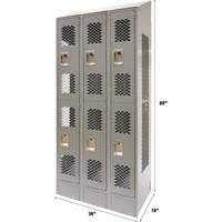 Vented Lockers, 2 -tier, Bank of 3, 36 x 18" x 88", Steel, Grey, Knocked Down, Perforated Dufferin Supply